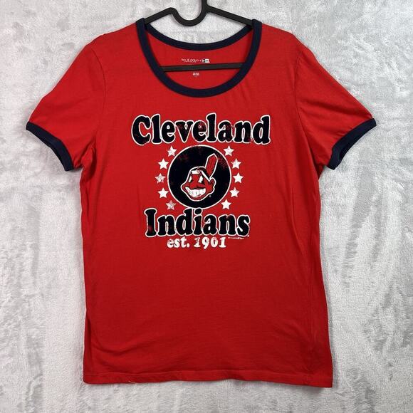 Cleveland Indians Chief Wahoo Shirt Women's Large New Era Merch Red Blue Velvet - Picture 1 of 12